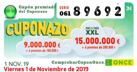 Cuponazo ONCE premiado el Viernes 1/11/2019