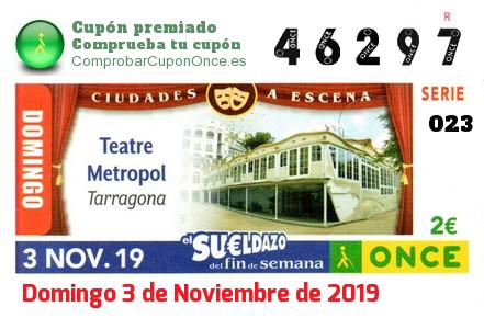 Sueldazo ONCE premiado el Domingo 3/11/2019