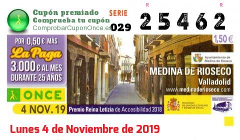 Cupón ONCE premiado el Lunes 4/11/2019