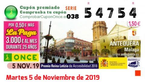 Cupón ONCE premiado el Martes 5/11/2019