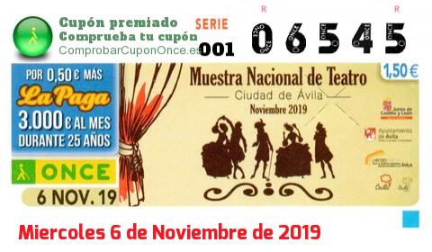 Cupón ONCE premiado el Miercoles 6/11/2019