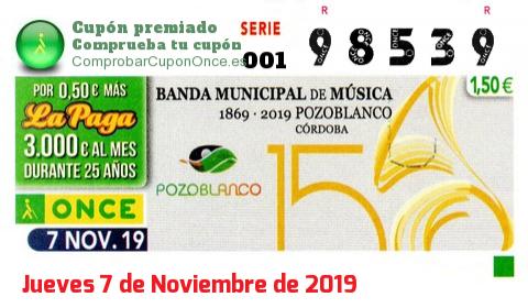 Cupón ONCE premiado el Jueves 7/11/2019