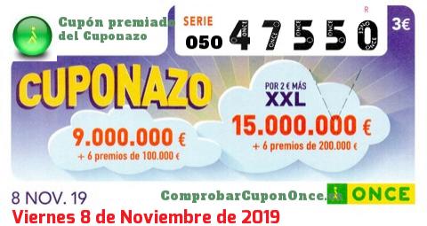 Cuponazo ONCE premiado el Viernes 8/11/2019