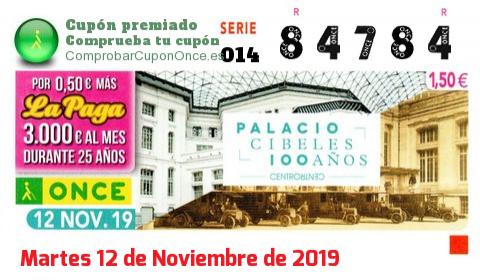 Cupón ONCE premiado el Martes 12/11/2019