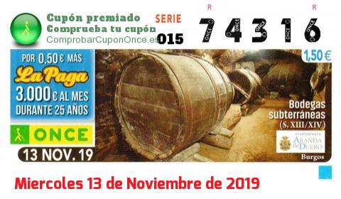 Cupón ONCE premiado el Miercoles 13/11/2019