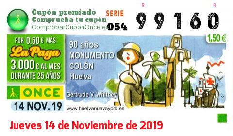 Cupón ONCE premiado el Jueves 14/11/2019
