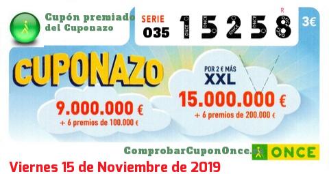 Cuponazo ONCE premiado el Viernes 15/11/2019