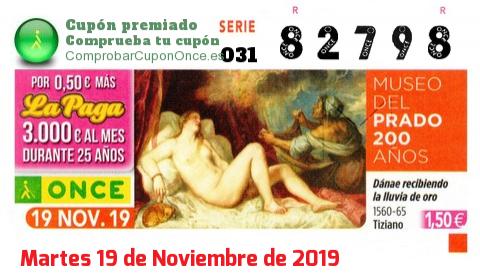 Cupón ONCE premiado el Martes 19/11/2019