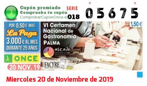 Cupón ONCE premiado el Miercoles 20/11/2019