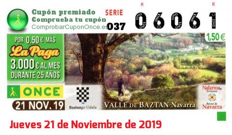 Cupón ONCE premiado el Jueves 21/11/2019