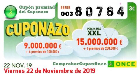 Cuponazo ONCE premiado el Viernes 22/11/2019
