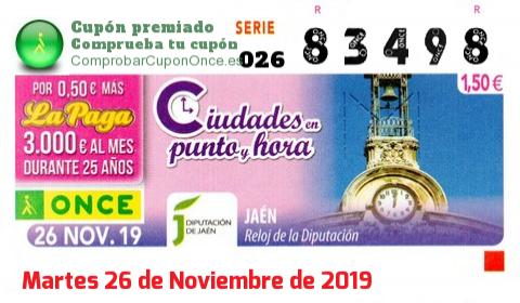 Cupón ONCE premiado el Martes 26/11/2019