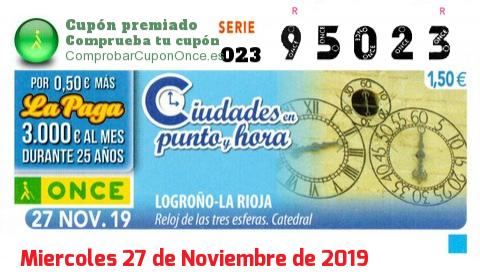 Cupón ONCE premiado el Miercoles 27/11/2019