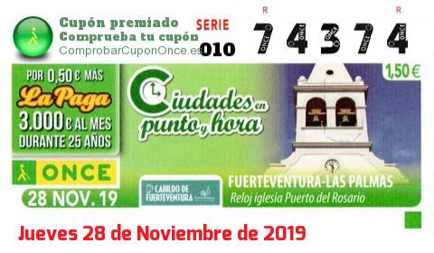 Cupón ONCE premiado el Jueves 28/11/2019