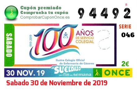 Sueldazo ONCE premiado el Sabado 30/11/2019