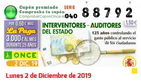 Cupón ONCE premiado el Lunes 2/12/2019