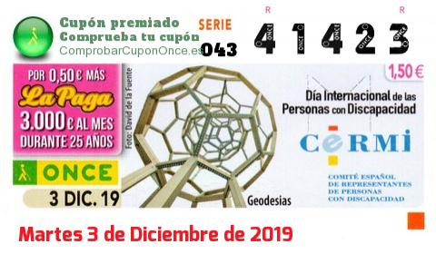 Cupón ONCE premiado el Martes 3/12/2019