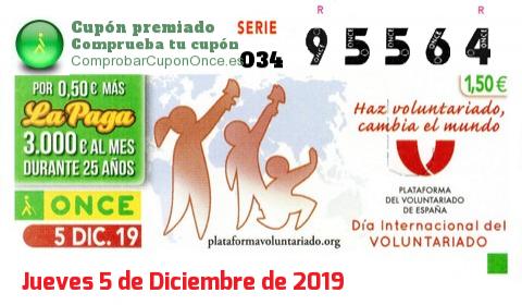 Cupón ONCE premiado el Jueves 5/12/2019