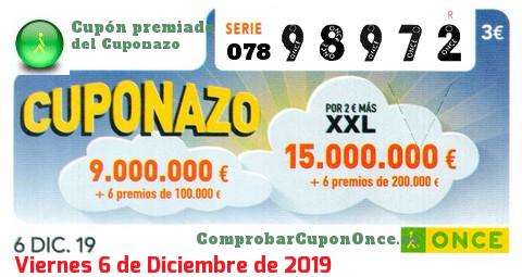 Cuponazo ONCE premiado el Viernes 6/12/2019