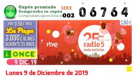 Cupón ONCE premiado el Lunes 9/12/2019