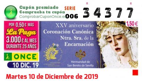 Cupón ONCE premiado el Martes 10/12/2019