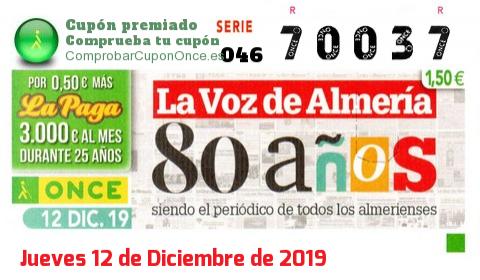 Cupón ONCE premiado el Jueves 12/12/2019