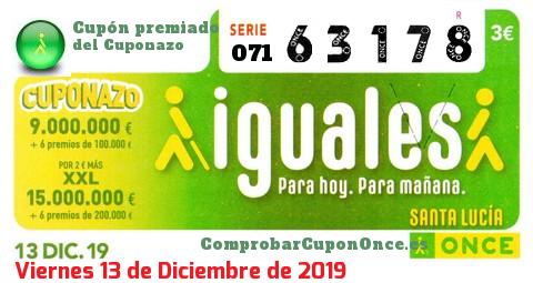 Cuponazo ONCE premiado el Viernes 13/12/2019