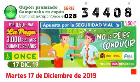 Cupón ONCE premiado el Martes 17/12/2019