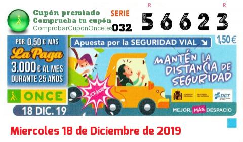 Cupón ONCE premiado el Miercoles 18/12/2019