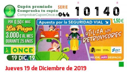 Cupón ONCE premiado el Jueves 19/12/2019