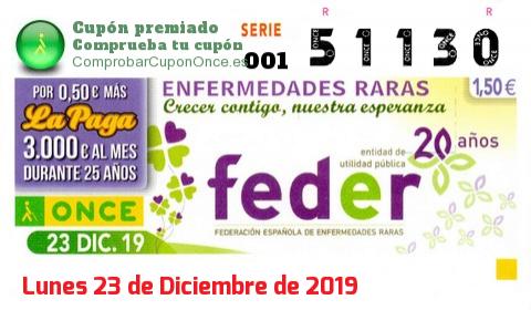 Cupón ONCE premiado el Lunes 23/12/2019