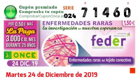 Cupón ONCE premiado el Martes 24/12/2019