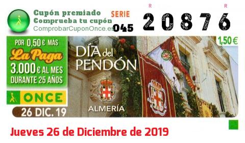 Cupón ONCE premiado el Jueves 26/12/2019