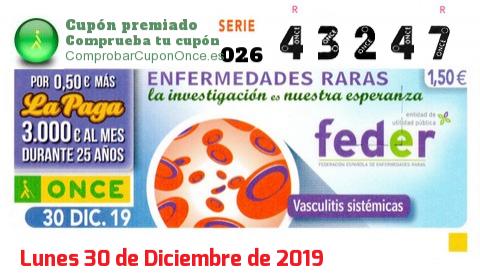 Cupón ONCE premiado el Lunes 30/12/2019