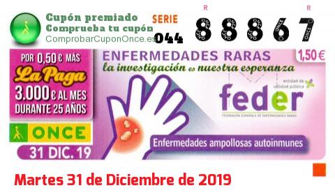 Cupón ONCE premiado el Martes 31/12/2019