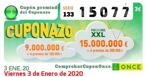 Cuponazo ONCE premiado el Viernes 3/1/2020