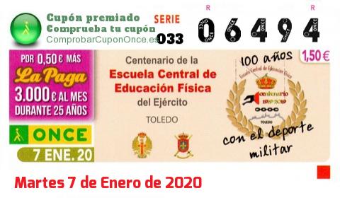 Cupón ONCE premiado el Martes 7/1/2020