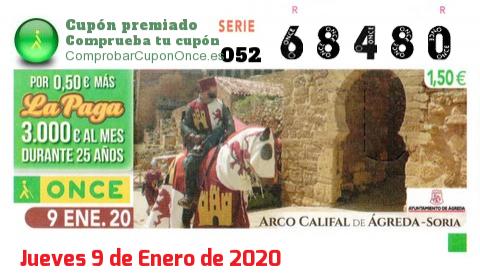 Cupón ONCE premiado el Jueves 9/1/2020