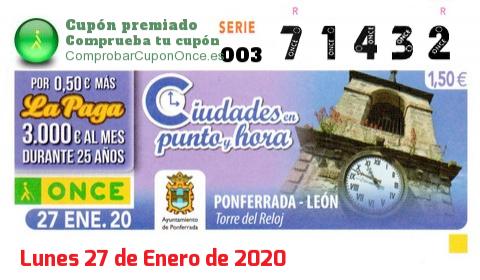 Cupón ONCE premiado el Lunes 27/1/2020