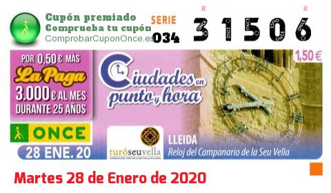 Cupón ONCE premiado el Martes 28/1/2020