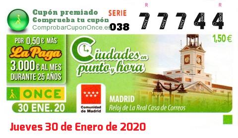 Cupón ONCE premiado el Jueves 30/1/2020