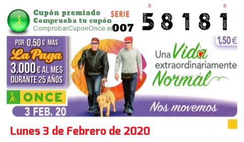 Cupón ONCE premiado el Lunes 3/2/2020
