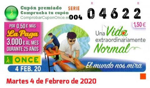 Cupón ONCE premiado el Martes 4/2/2020