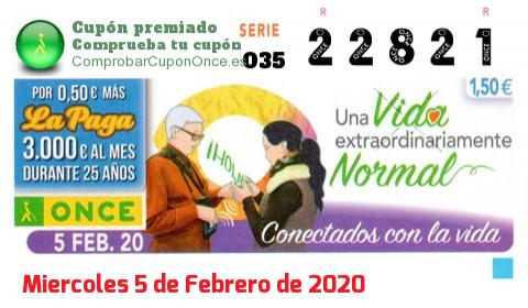 Cupón ONCE premiado el Miercoles 5/2/2020