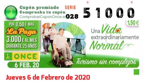 Cupón ONCE premiado el Jueves 6/2/2020