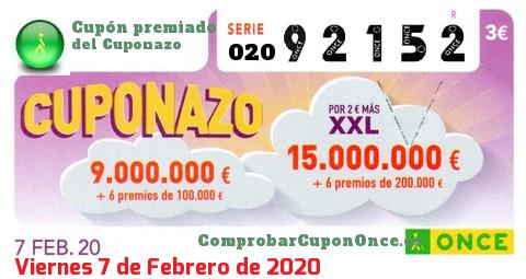 Cuponazo ONCE premiado el Viernes 7/2/2020