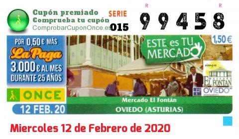 Cupón ONCE premiado el Miercoles 12/2/2020