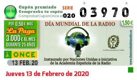 Cupón ONCE premiado el Jueves 13/2/2020