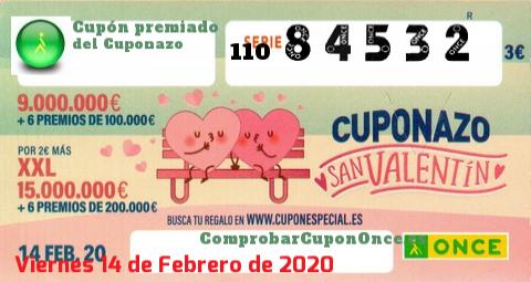 Cuponazo ONCE premiado el Viernes 14/2/2020