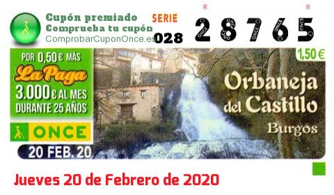 Cupón ONCE premiado el Jueves 20/2/2020